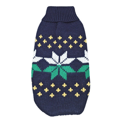 Pet Zen Christmas maple snowflake turtleneck knitted dog sweater navy with white green pattern on Tampa Home & Garden Store