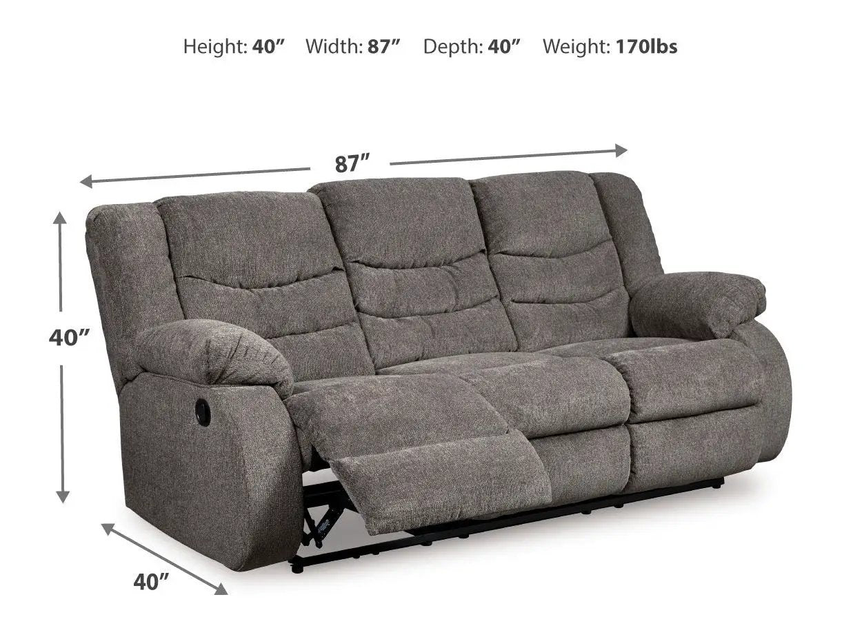 Tulen reclining sofa gray fabric, 3-seat with extended footrest, 87W x 40D x 40H on Tampa Home & Garden Store