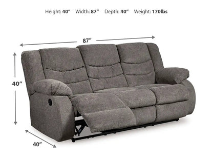 Tulen reclining sofa gray fabric, 3-seat with extended footrest, 87W x 40D x 40H on Tampa Home & Garden Store