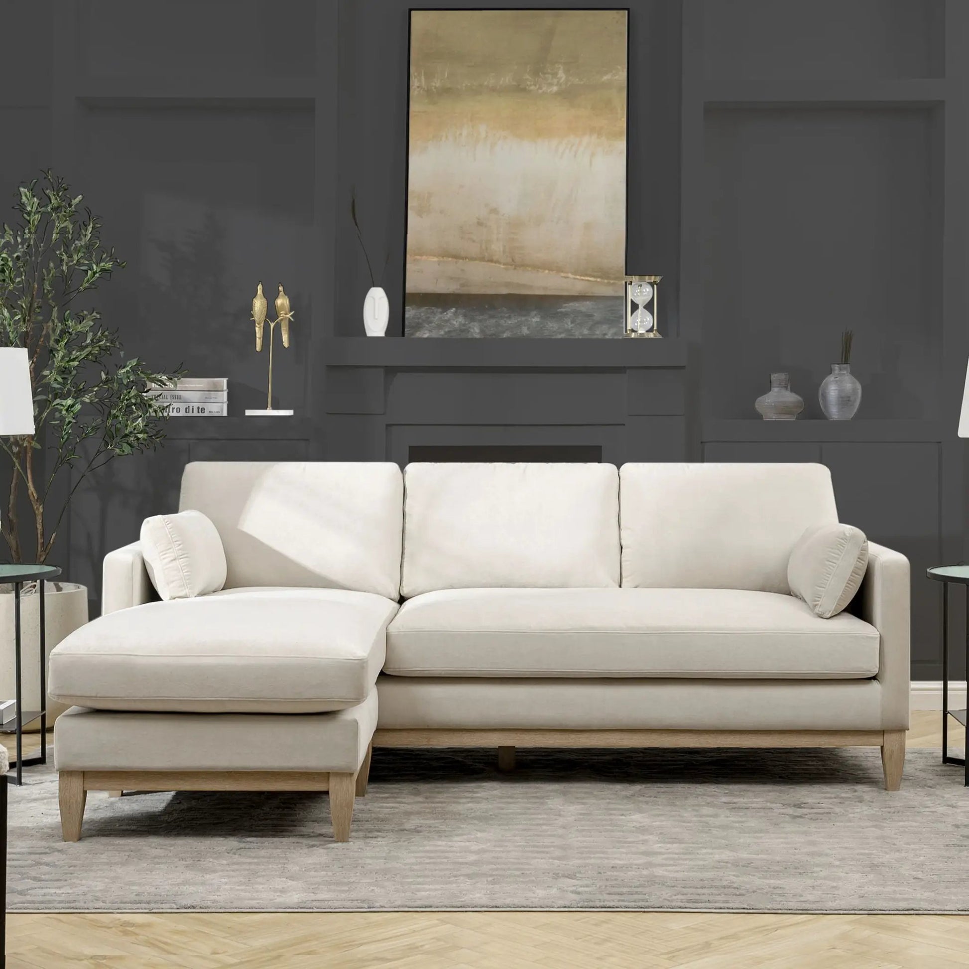 Knox modern farmhouse reversible chaise sectional sofa cream fabric with light wood legs on Tampa Home & Garden Store