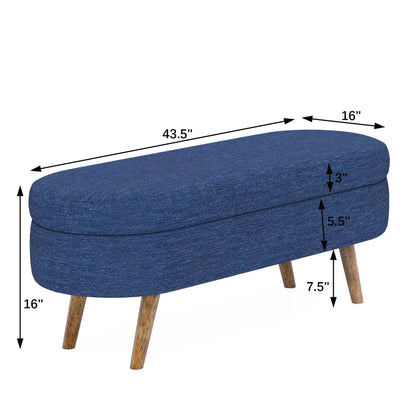 Ottoman Oval Storage Bench in blue denim fabric with rubber wood legs on Tampa Home & Garden Store