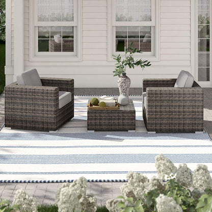 3pc wicker outdoor seating set with cushions and coffee table, brown wicker and gray cushions on Tampa Home & Garden Store