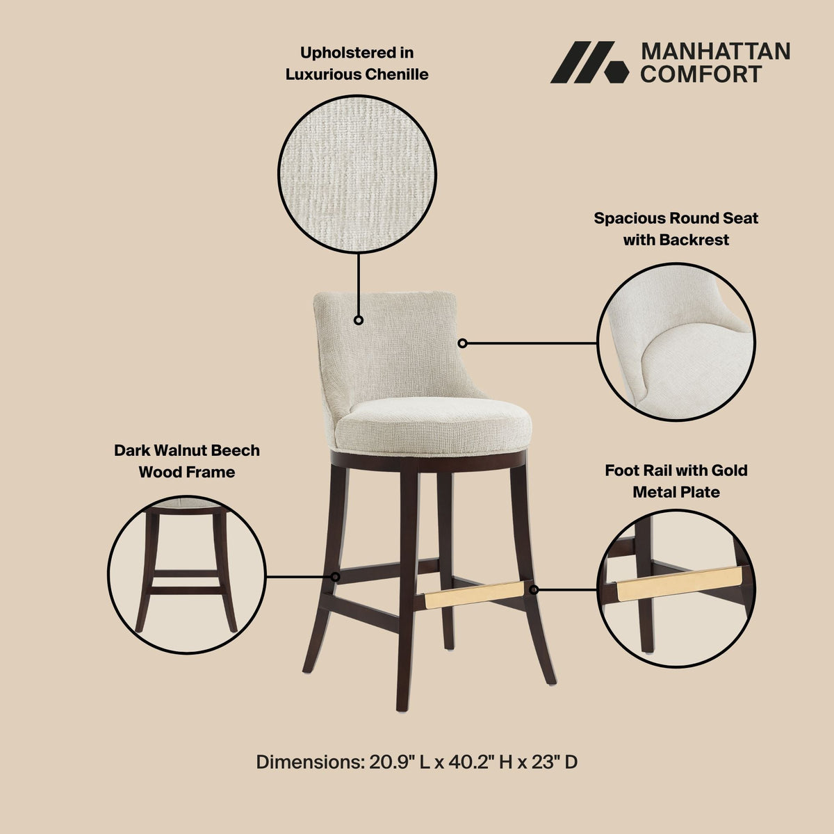 HouseOfZazla bar height barstool with backrest beige fabric dark wood frame 28-30 in on Tampa Home & Garden Store