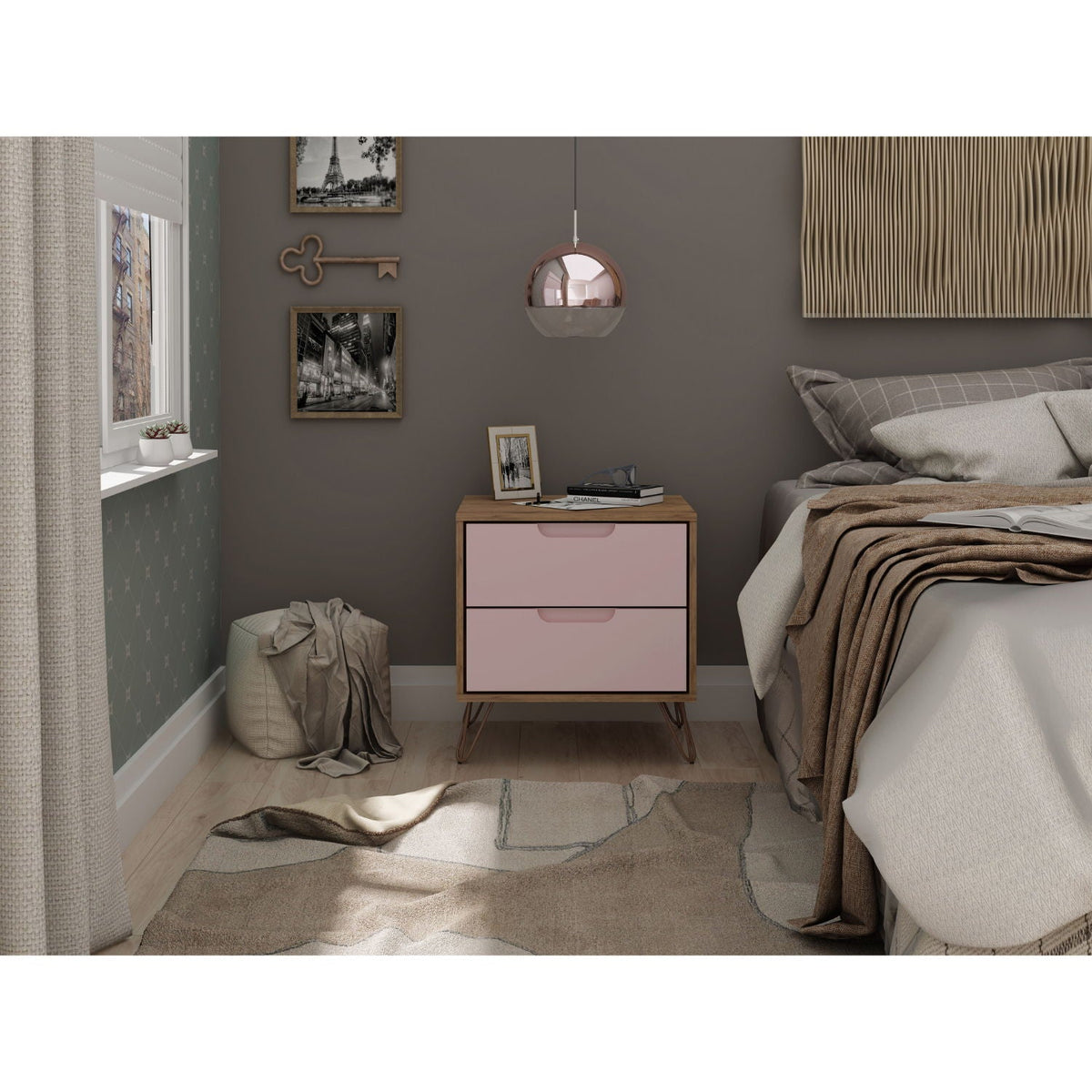 2 Drawer Nightstand HouseOfZazla with pink drawer fronts, natural wood frame, hairpin legs on Tampa Home & Garden Store
