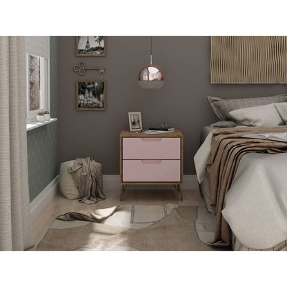 2 Drawer Nightstand HouseOfZazla with pink drawer fronts, natural wood frame, hairpin legs on Tampa Home & Garden Store