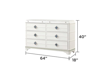 Laguna white dresser chest with crystal pulls, 5 pc queen upholstered bedroom set part on Tampa Home & Garden Store