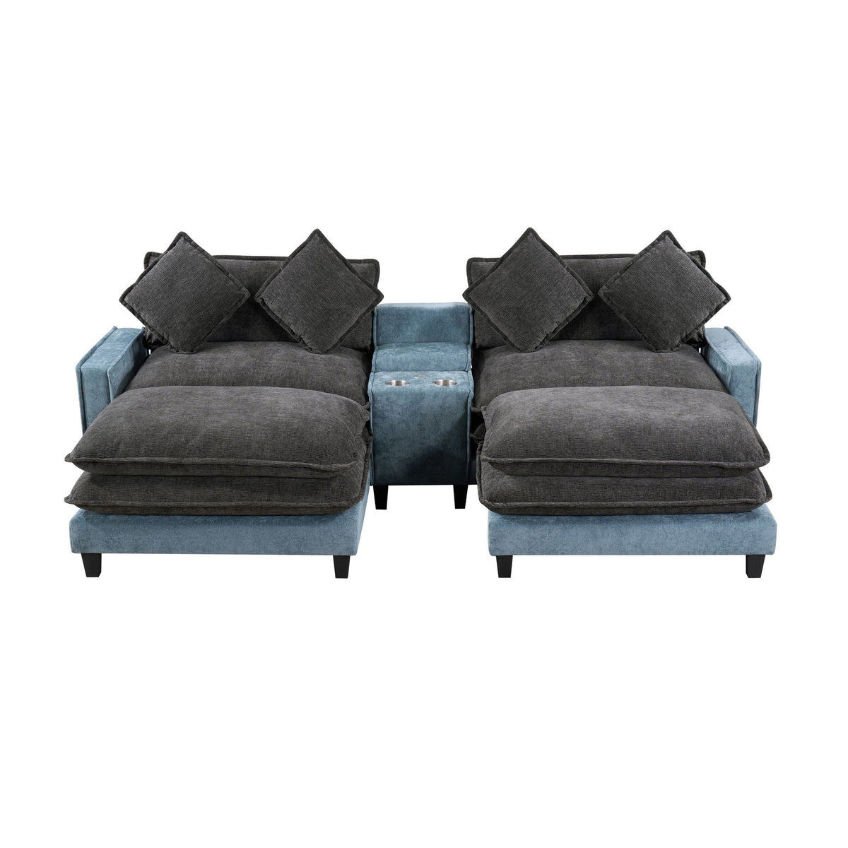 Sectional sofa with removable ottomans in gray and blue fabric, center console cup holders on Tampa Home & Garden Store