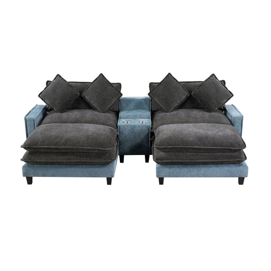Sectional sofa with removable ottomans in gray and blue fabric, center console cup holders on Tampa Home & Garden Store