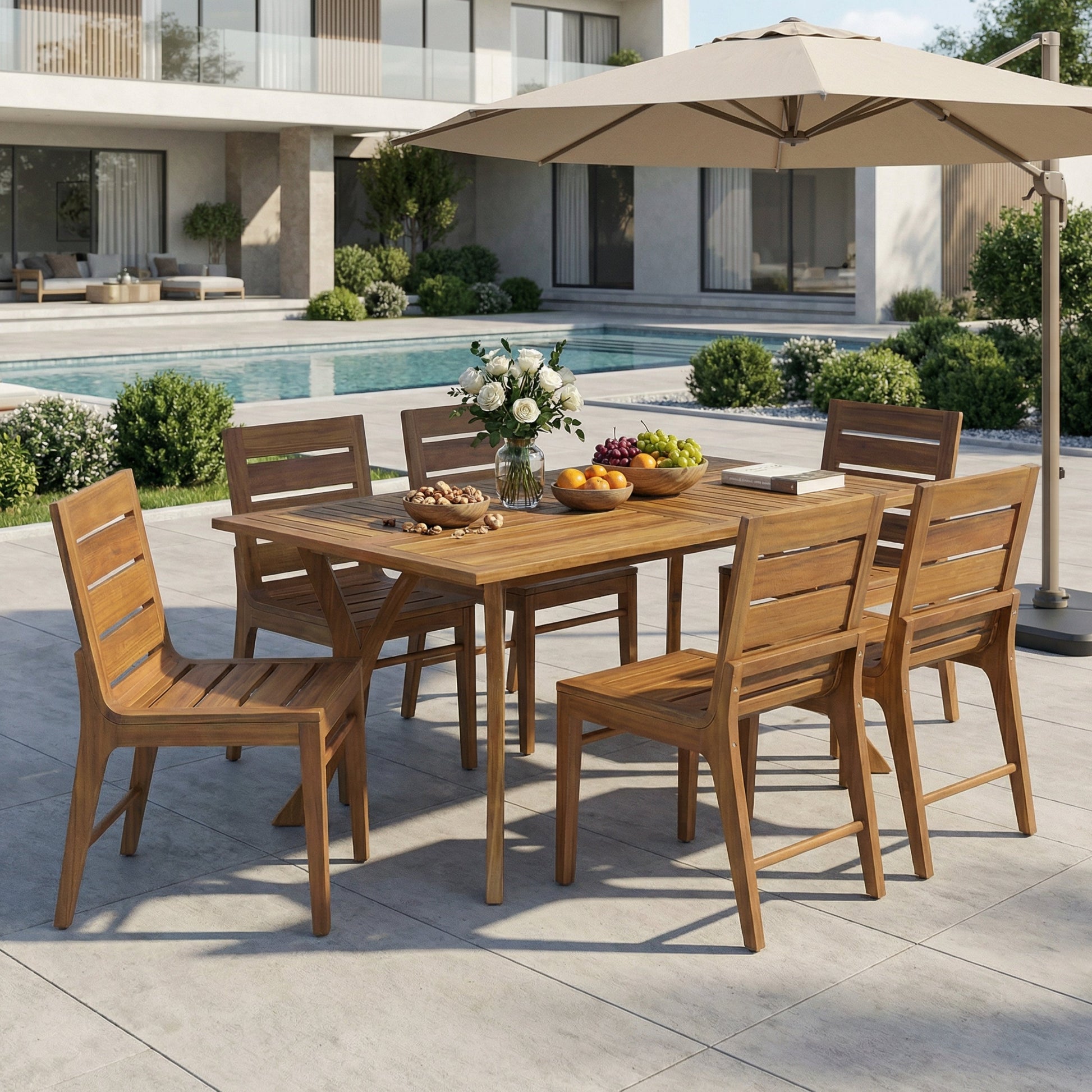 7 Piece Outdoor Acacia Wood Dining Set by HouseOfZazla, natural finish, slatted chairs on Tampa Home & Garden Store