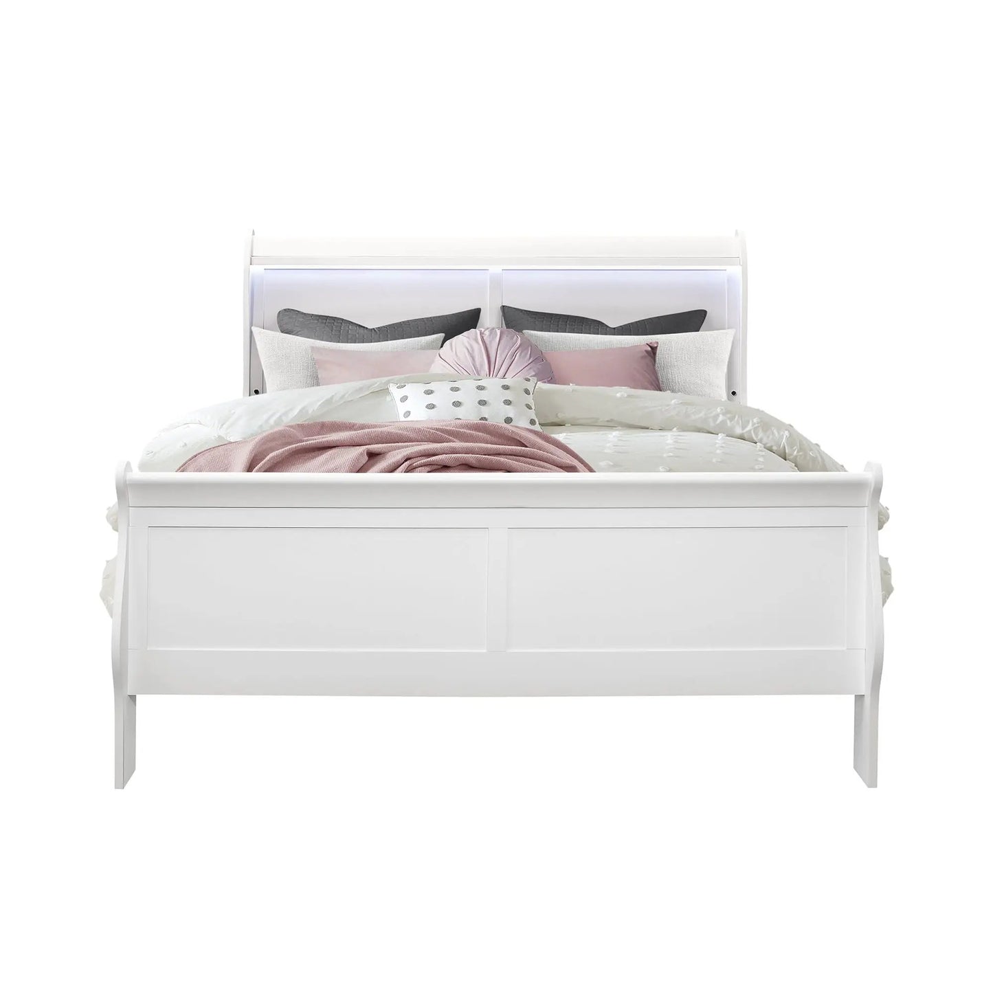Charlston Modern Sleigh Bed LED, white finish, upholstered headboard, Unique Piece Furniture on Tampa Home & Garden Store