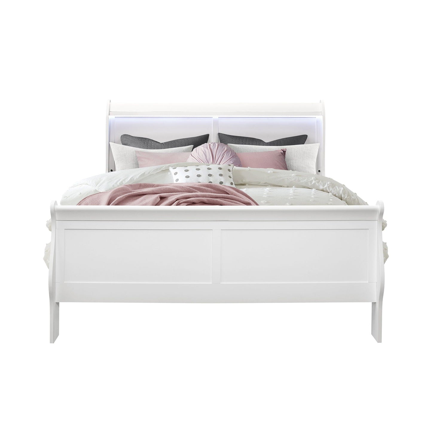 Charlston Modern Sleigh Bed with LED by HouseOfZazla, white wood bed with illuminated headboard on Tampa Home & Garden Store