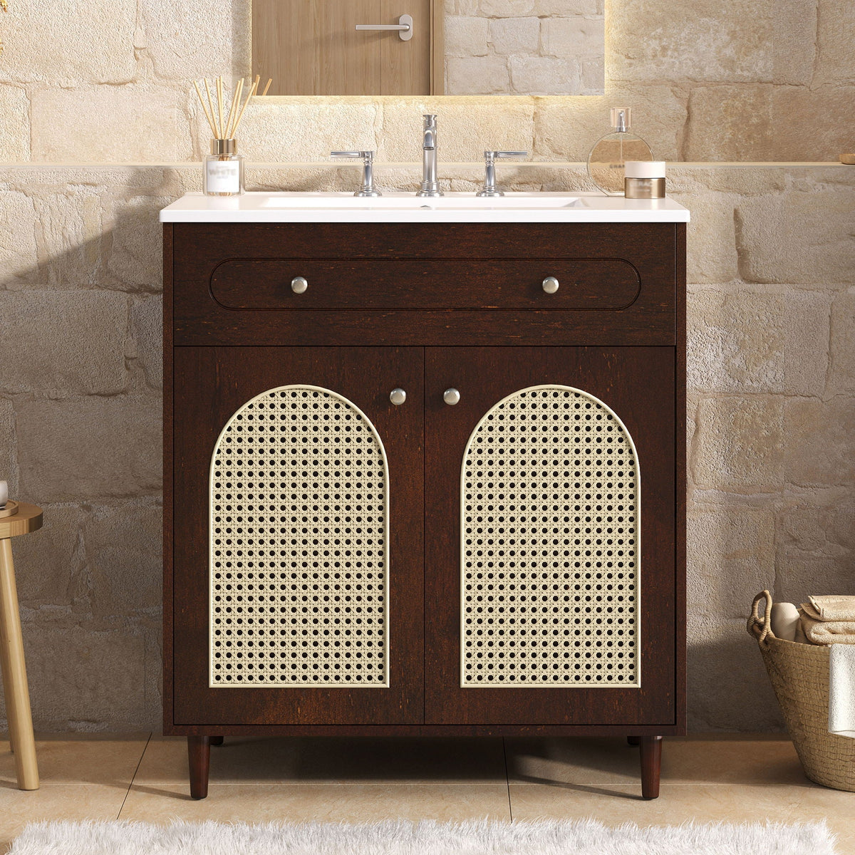 HouseOfZazla modern bathroom vanity with ceramic sink, dark brown wood, adjustable shelf on Tampa Home & Garden Store