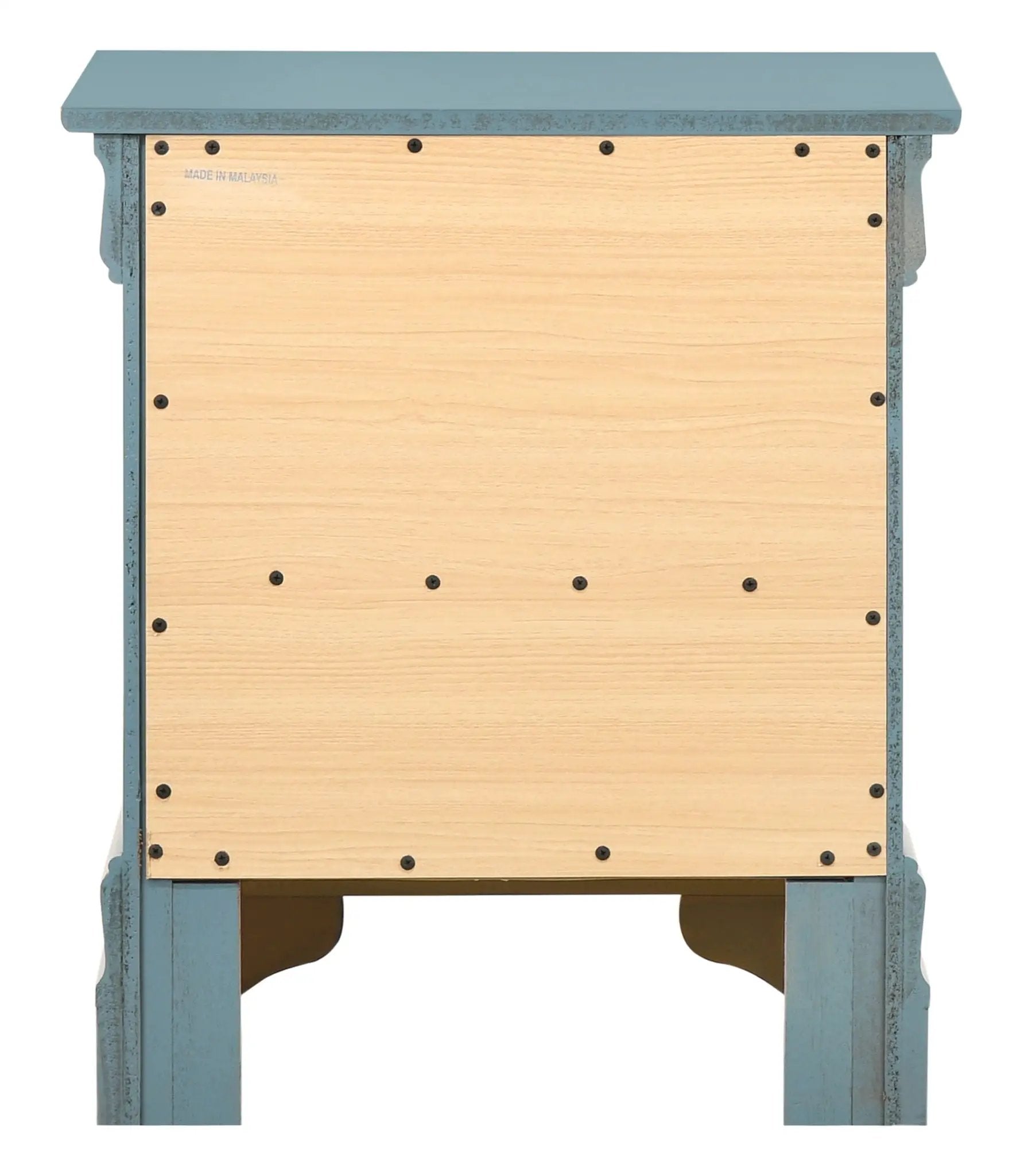 Traditional Style Design Nightstand in blue distressed frame with natural wood panels on Tampa Home & Garden Store