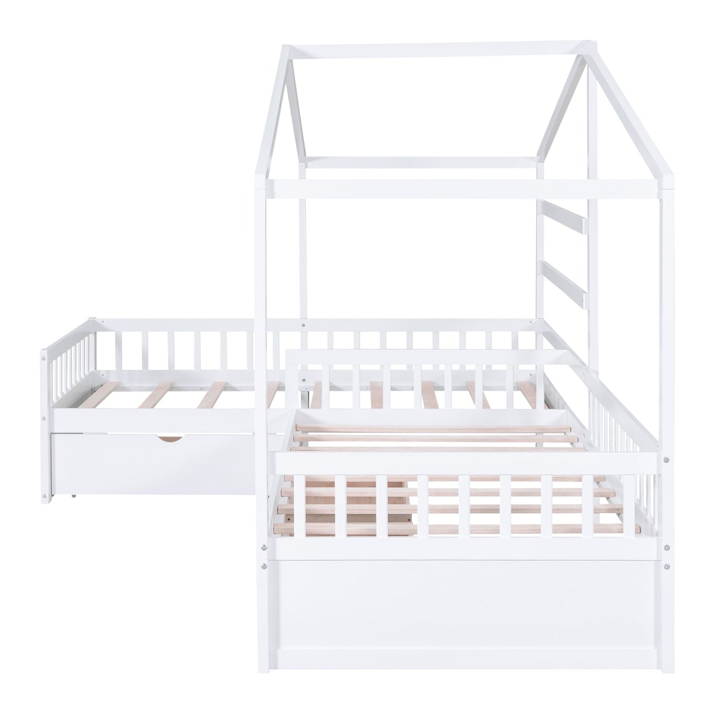 L Shape Platform Bed with 3 Storage Drawers white wood frame with slatted base HouseOfZazla on Tampa Home & Garden Store