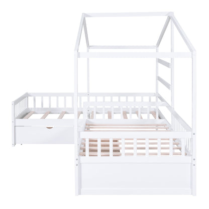 L Shape Platform Bed with 3 Storage Drawers white wood frame with slatted base HouseOfZazla on Tampa Home & Garden Store