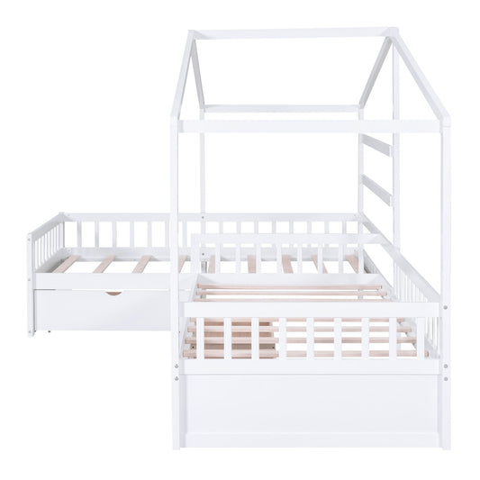L Shape Platform Bed with 3 Storage Drawers white wood frame with slatted base HouseOfZazla on Tampa Home & Garden Store