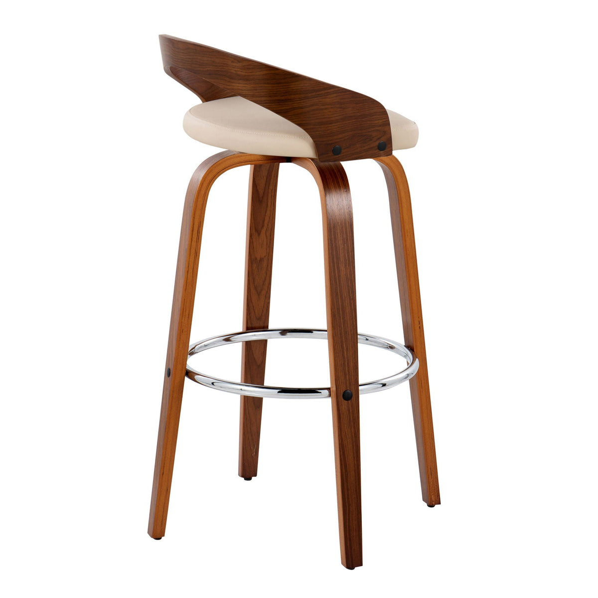 Contemporary swivel barstool set with pearl-silver upholstery, curved legs and chrome footrest on Tampa Home & Garden Store