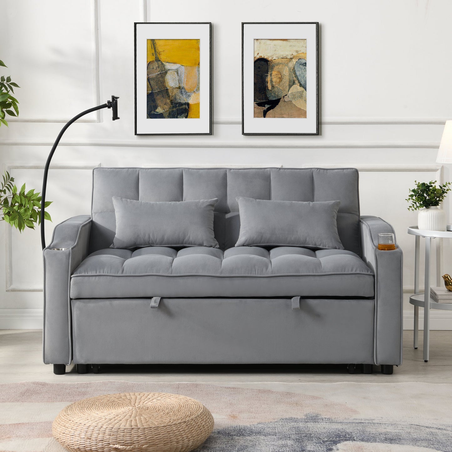 Modern velvet sleeper loveseat by HouseOfZazla, gray futon couch with pullout bed on Tampa Home & Garden Store
