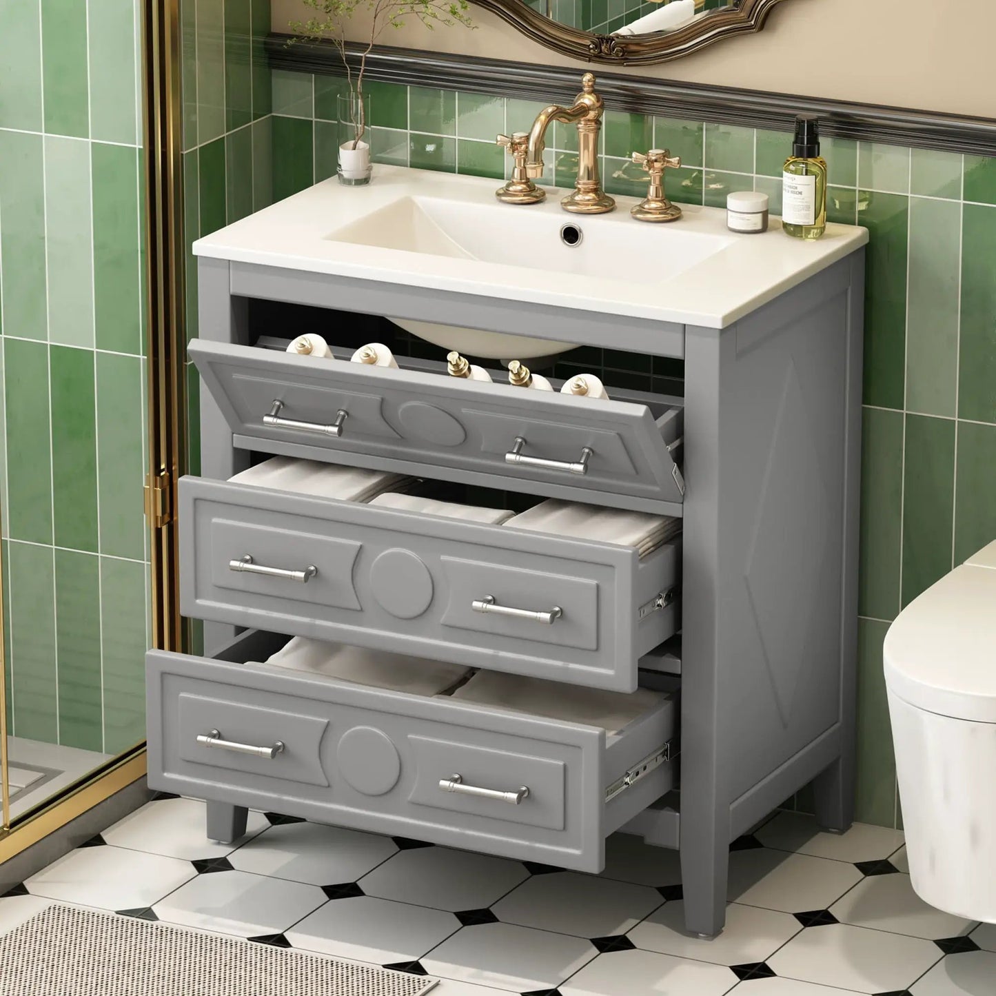Retro bathroom vanity with sink in gray cabinet, brass faucet and 3 drawers on Tampa Home & Garden Store