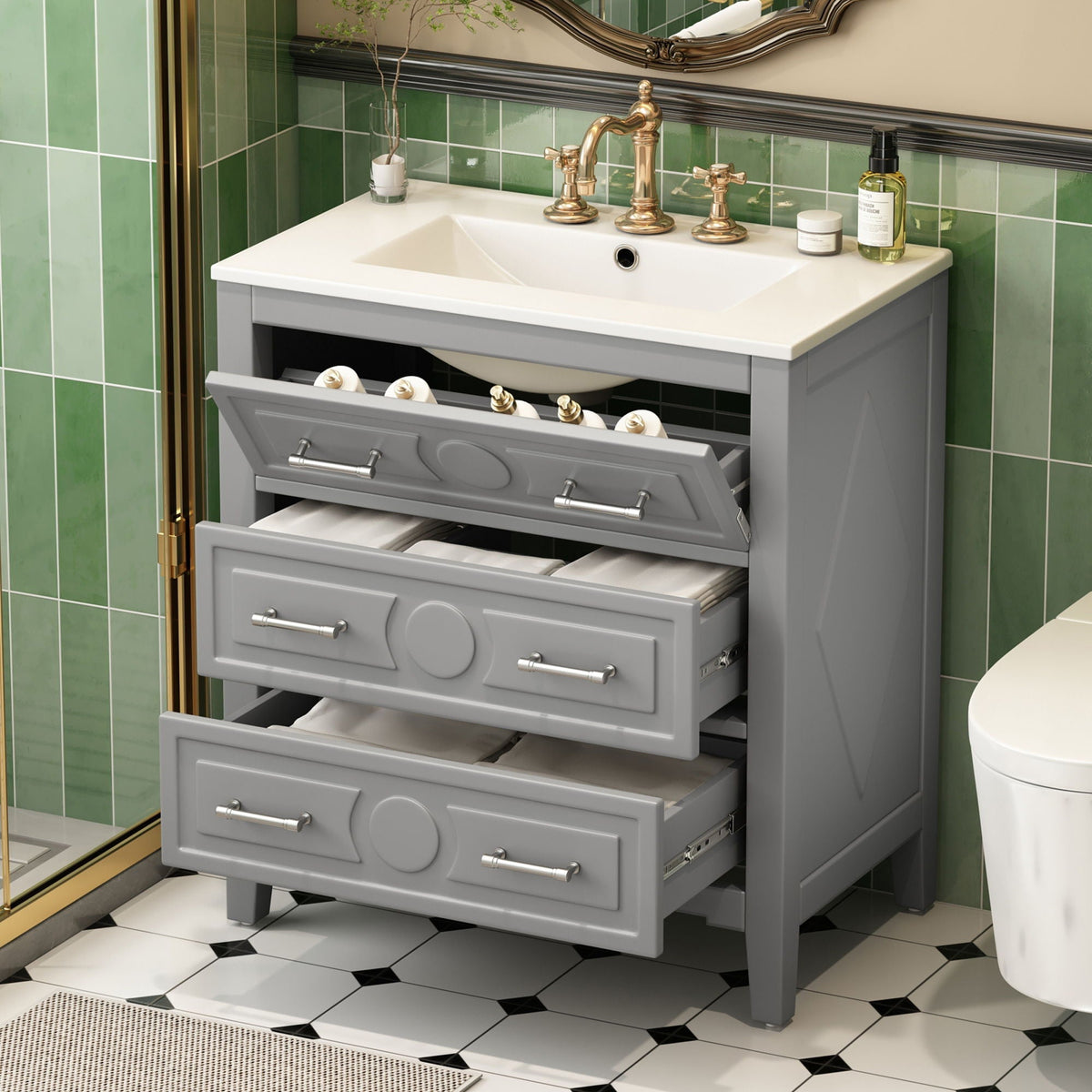 Retro vanity with sink in gray, white countertop, brass faucet, 3 soft-close drawers on Tampa Home & Garden Store