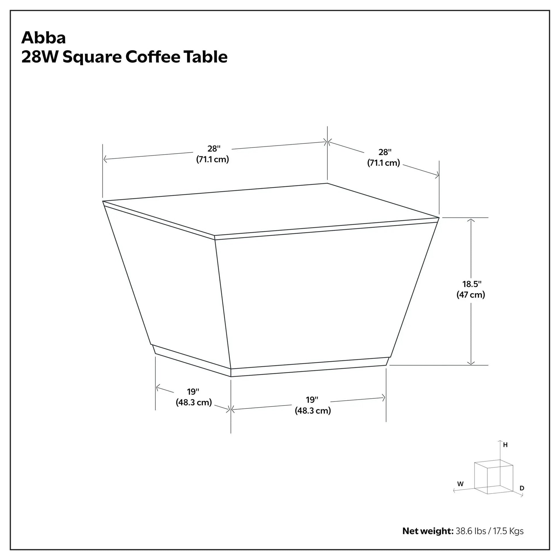 Abba 28W Coffee Table by Unique Piece Furniture schematic with 28in top, blueprint on Tampa Home & Garden Store