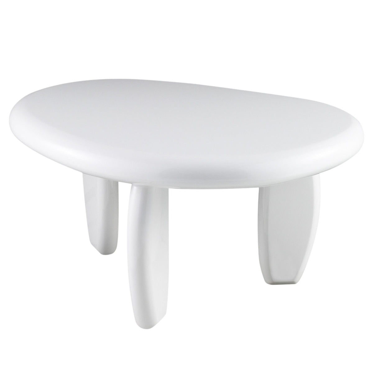High gloss white round end table with chunky curved legs in synthetic wood on Tampa Home & Garden Store