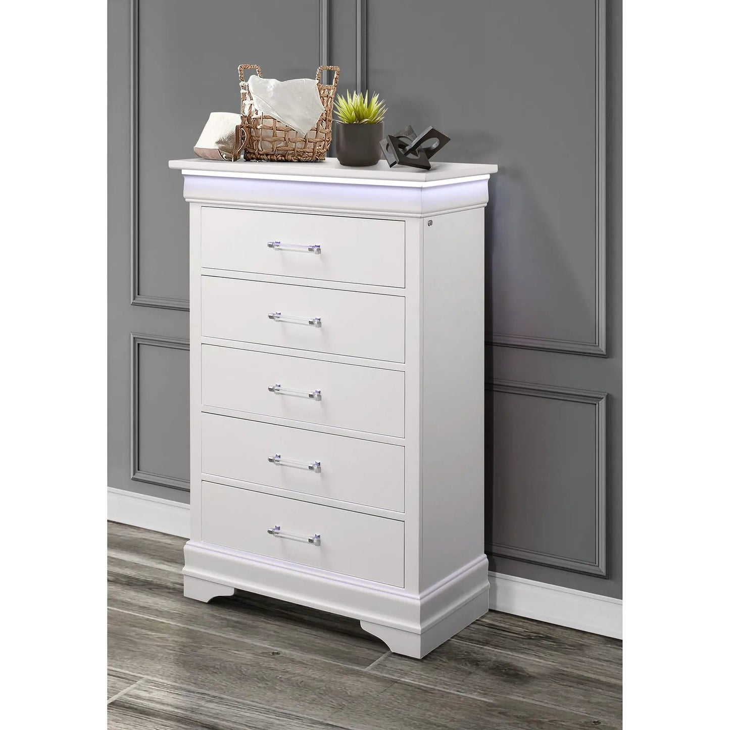 Charlston Chest With LED accent by Unique Piece Furniture, white tall storage chest with LED glow on Tampa Home & Garden Store