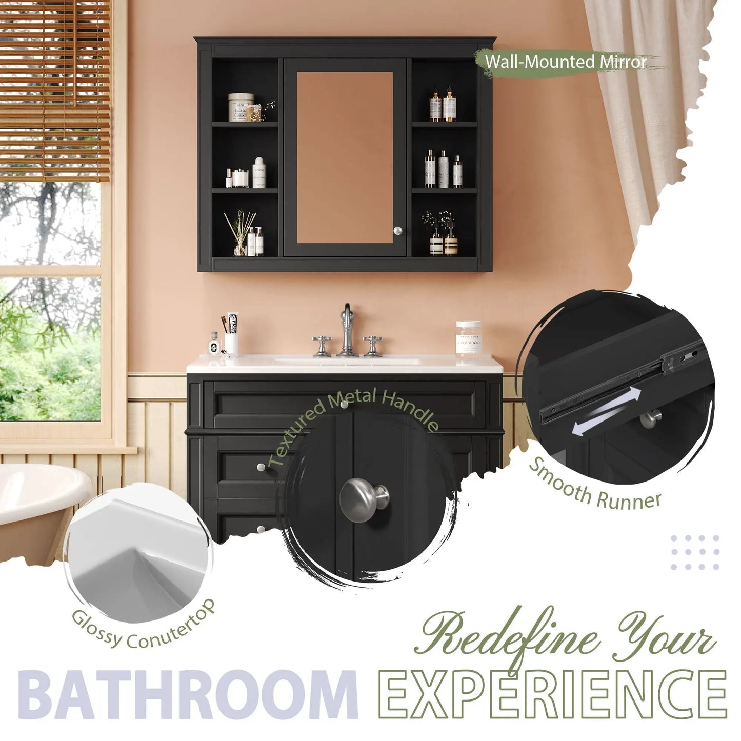 Unique Piece Furniture wall-mounted vanity with mirror cabinet, 2 soft-close doors, 4 drawers on Tampa Home & Garden Store