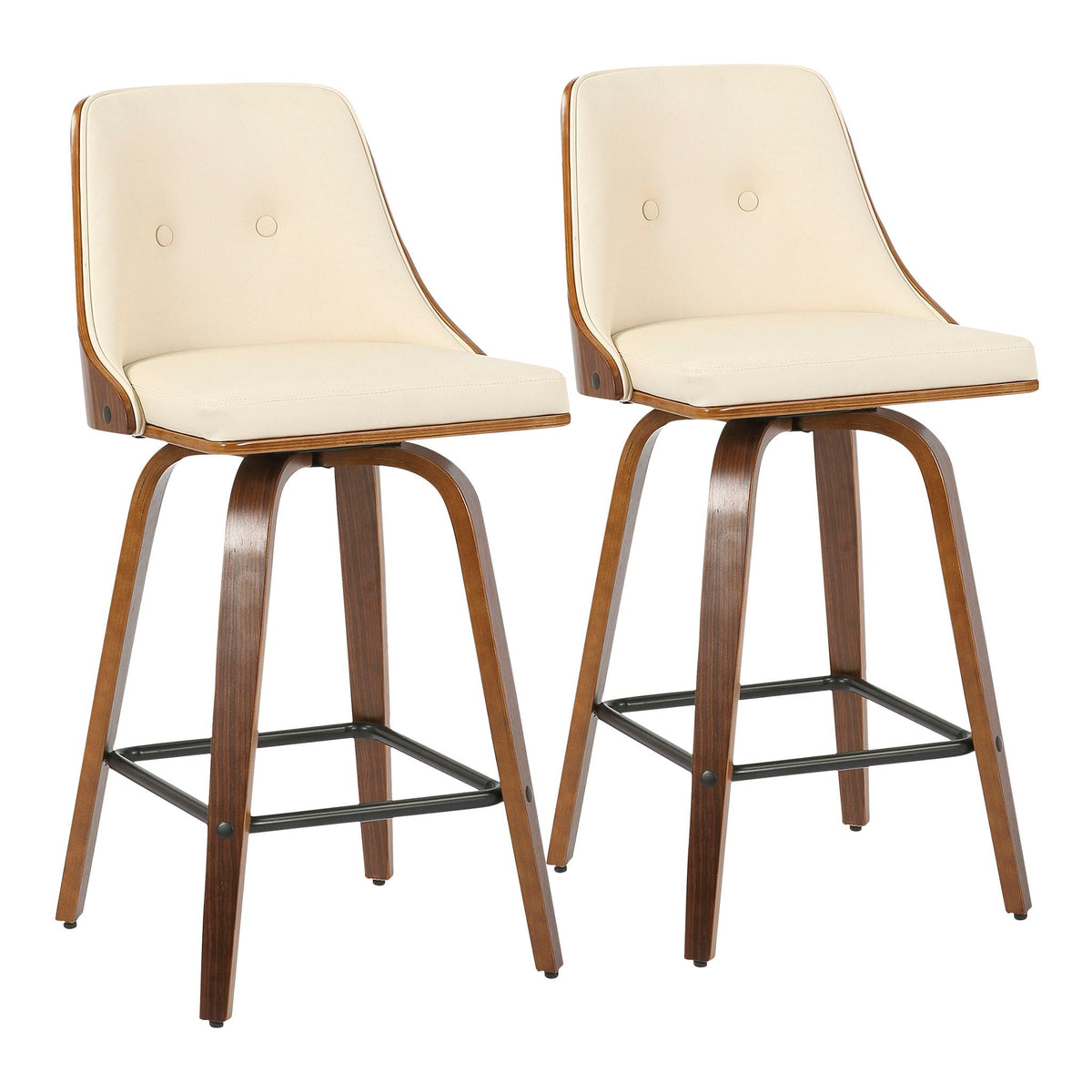 Mid Century Modern counter stool pair with swivel, cream upholstery, curved wood legs on Tampa Home & Garden Store