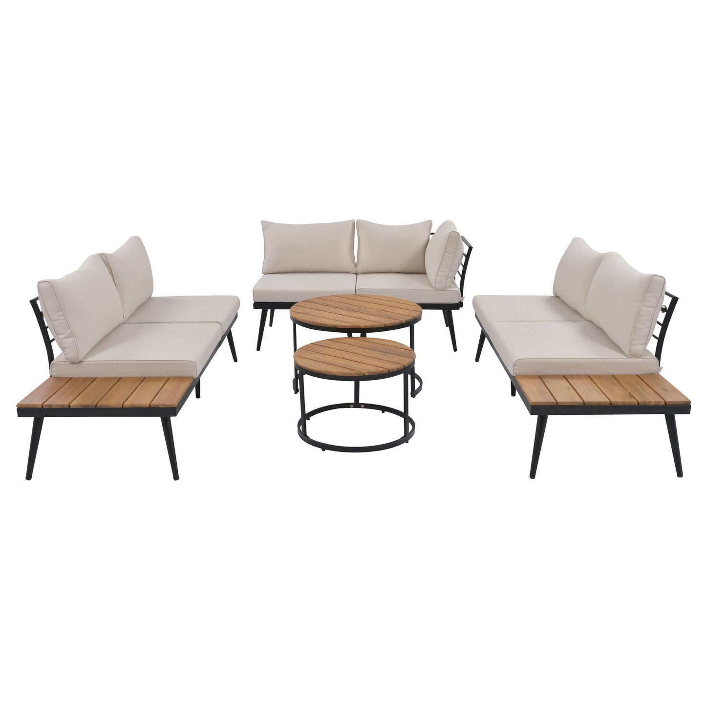 6-Piece Outdoor Sectional Sofa Set with Nesting Coffee Tables, beige cushions, wood-top surfaces on Tampa Home & Garden Store
