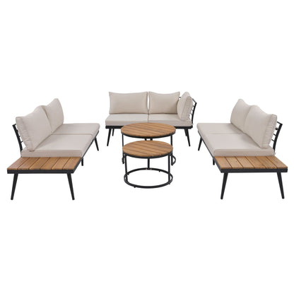 6-Piece Outdoor Sectional Sofa Set with Nesting Coffee Tables, beige cushions, wood-top surfaces on Tampa Home & Garden Store