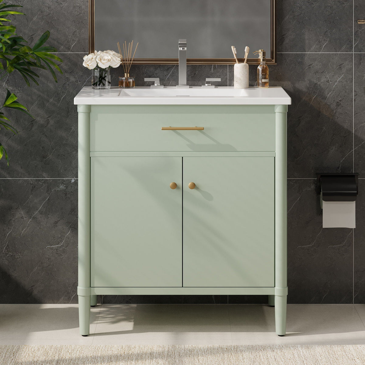 Bathroom vanity with sink HouseOfZazla mint green cabinet soft-close doors adjustable shelf on Tampa Home & Garden Store