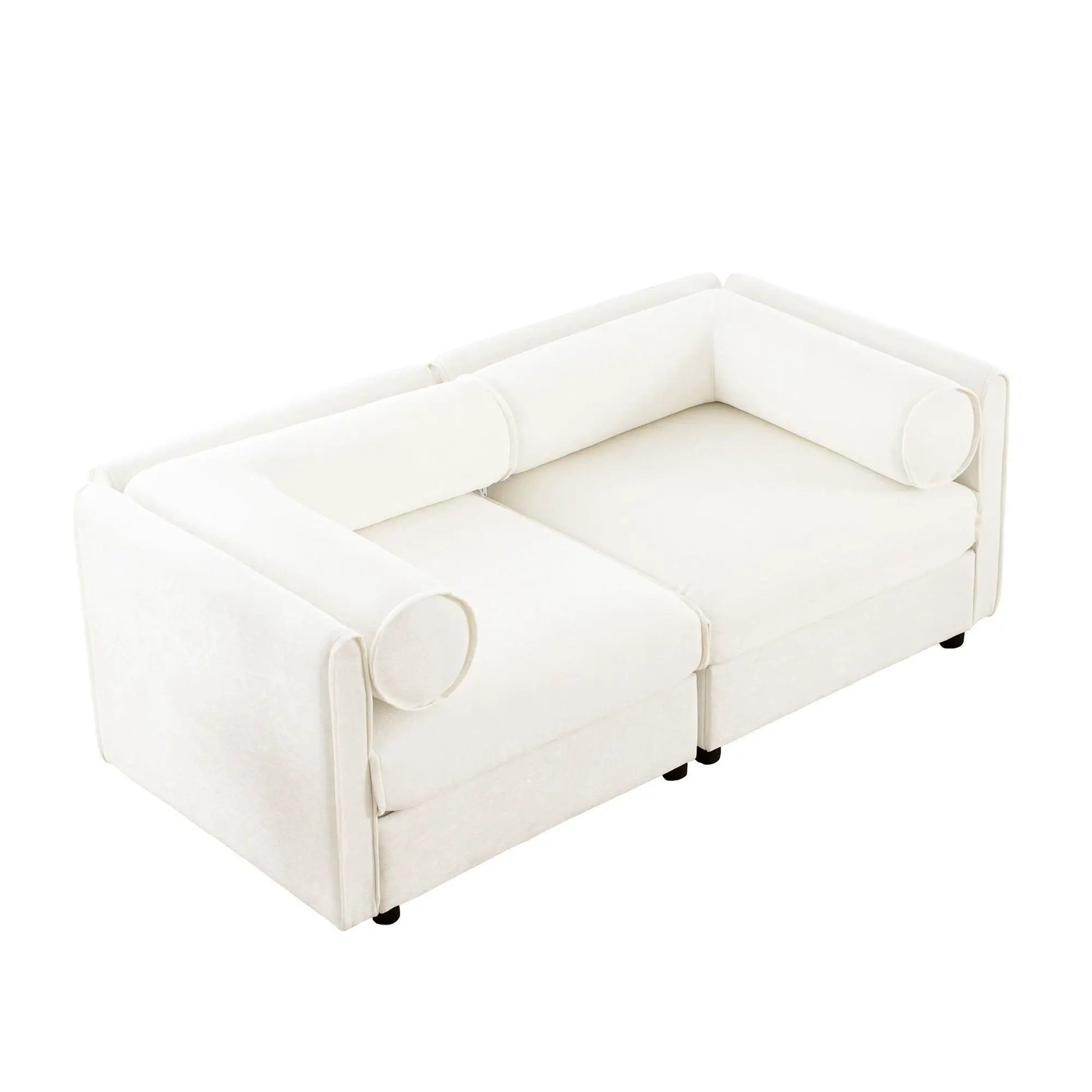 Stylish cream fabric stationary sofa with cylindrical backrest bolsters and plush cushions on Tampa Home & Garden Store