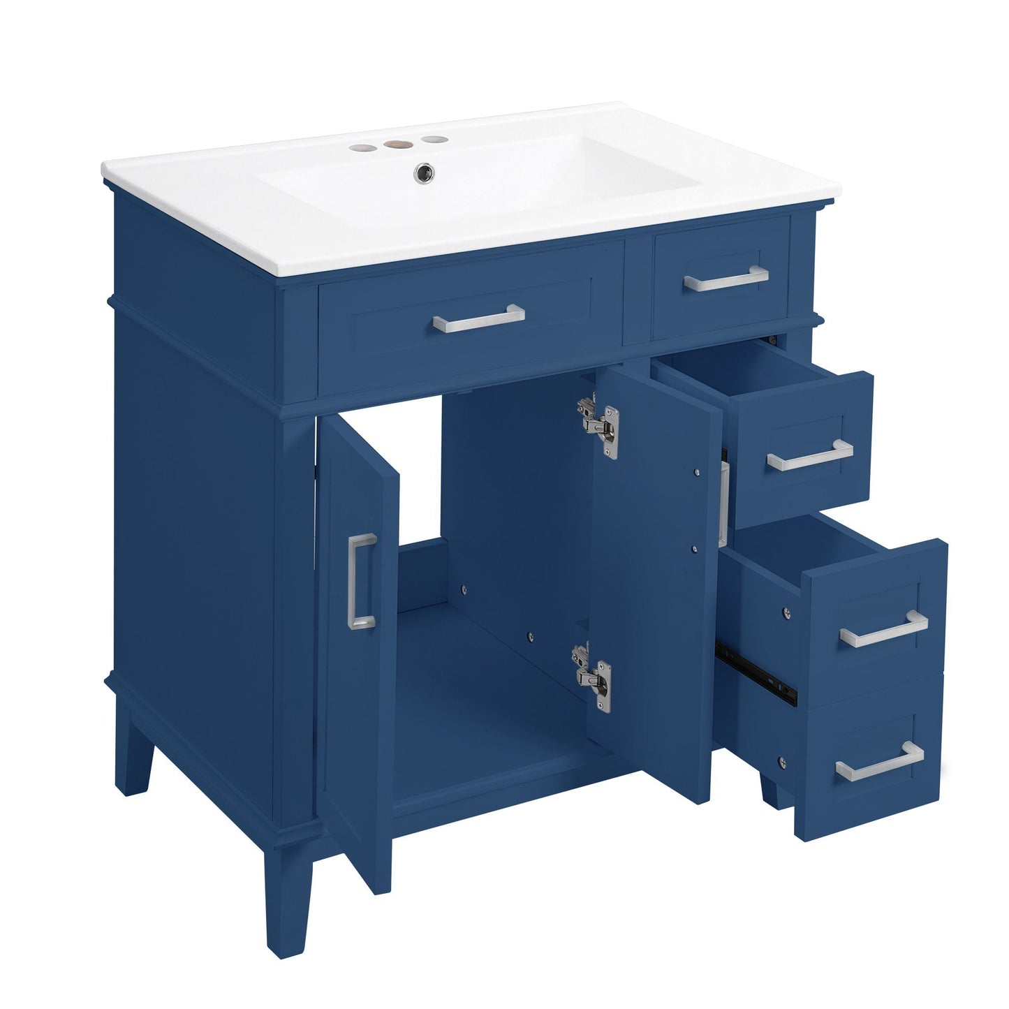 Modern bathroom vanity with sink, blue cabinet, silver handles HouseOfZazla on Tampa Home & Garden Store