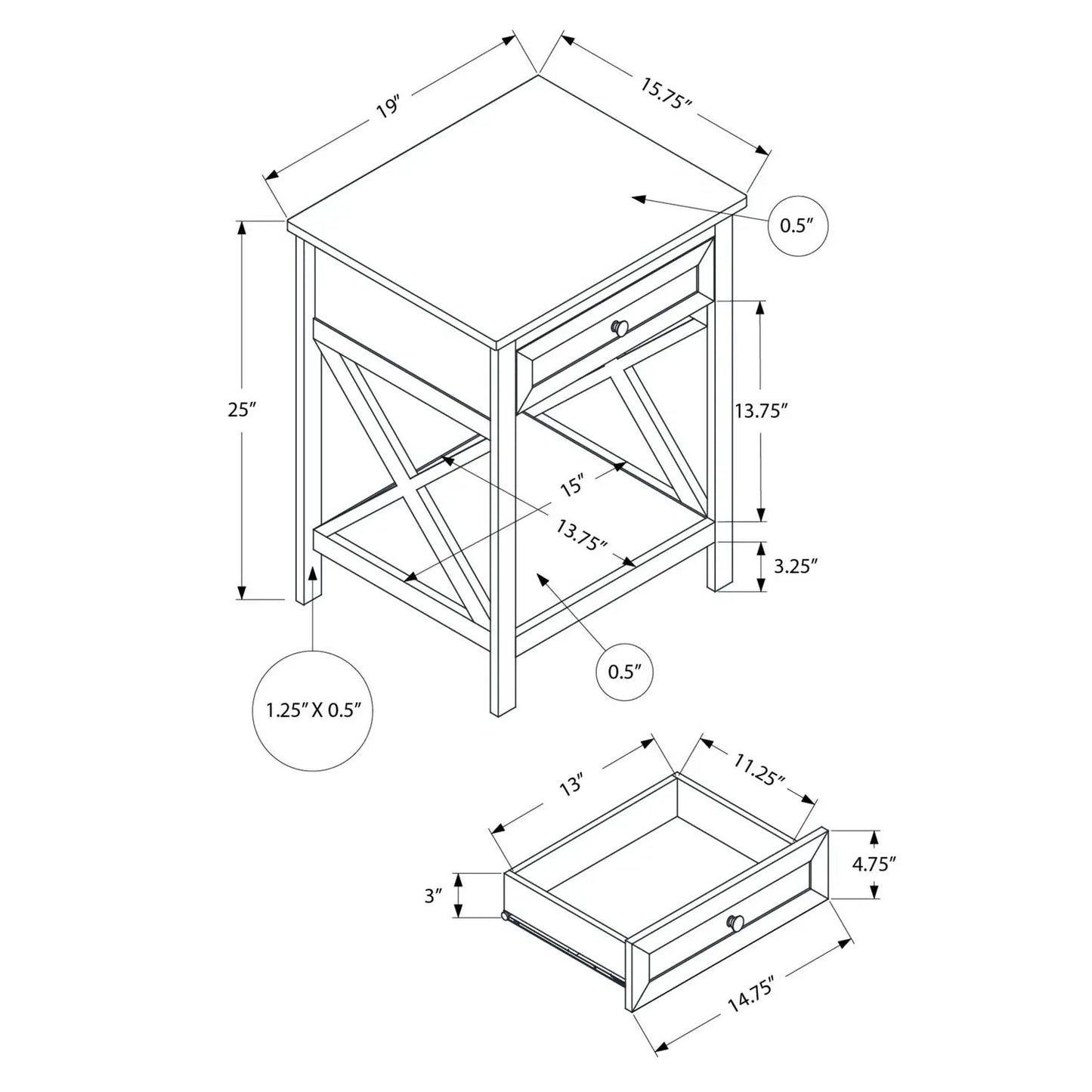 Accent End Table, 2-tier with drawer, wood frame with X-brace sides, Unique Piece Furniture on Tampa Home & Garden Store