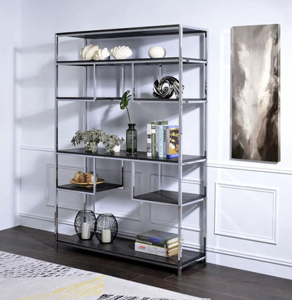 Vonara etagere bookshelf with chrome frame and gray oak shelves, styled with shells and books on Tampa Home & Garden Store