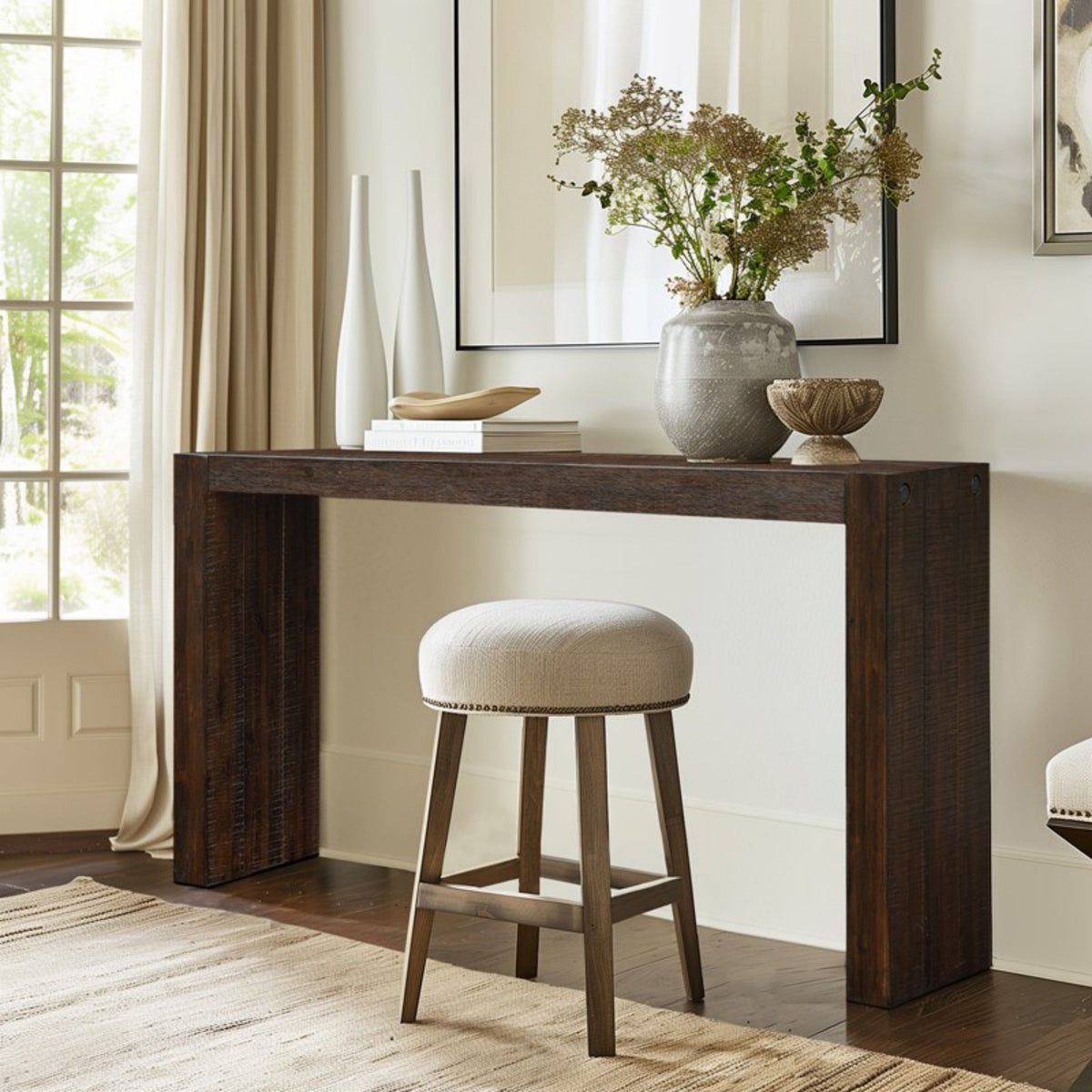Dark brown solid-wood console table with chunky legs, displaying vase, bowl, and books on Tampa Home & Garden Store