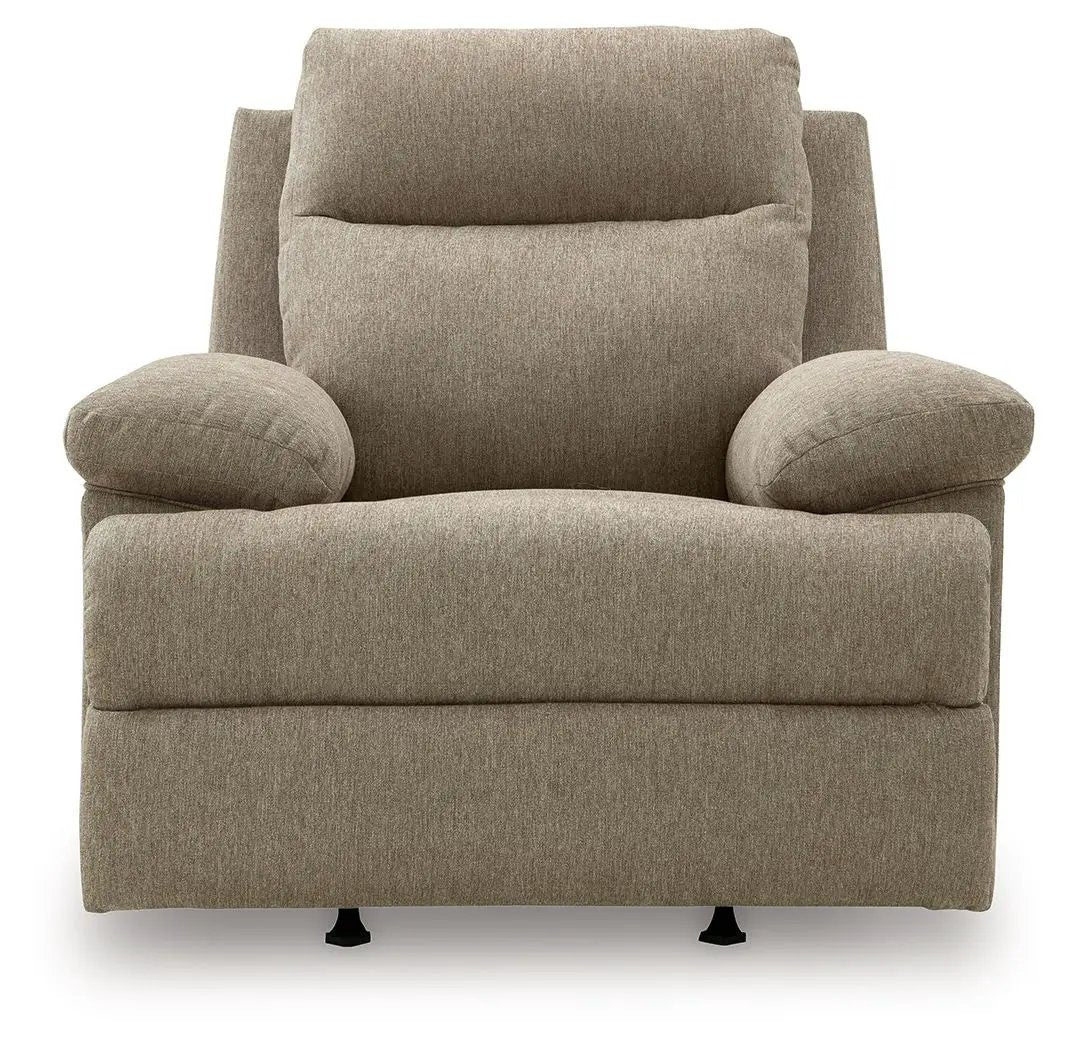 Side-Swipe Rocker Recliner by Unique Piece Furniture in beige fabric with plush armrests on Tampa Home & Garden Store