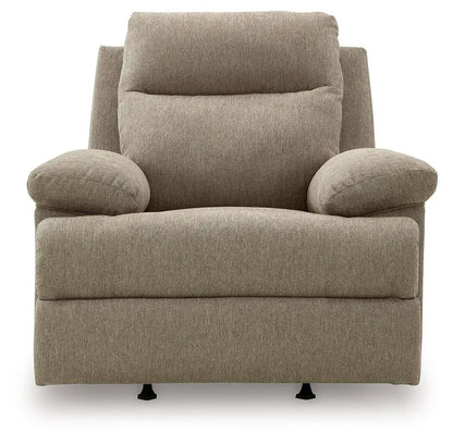 Side-Swipe Rocker Recliner by Unique Piece Furniture in beige fabric with plush armrests on Tampa Home & Garden Store