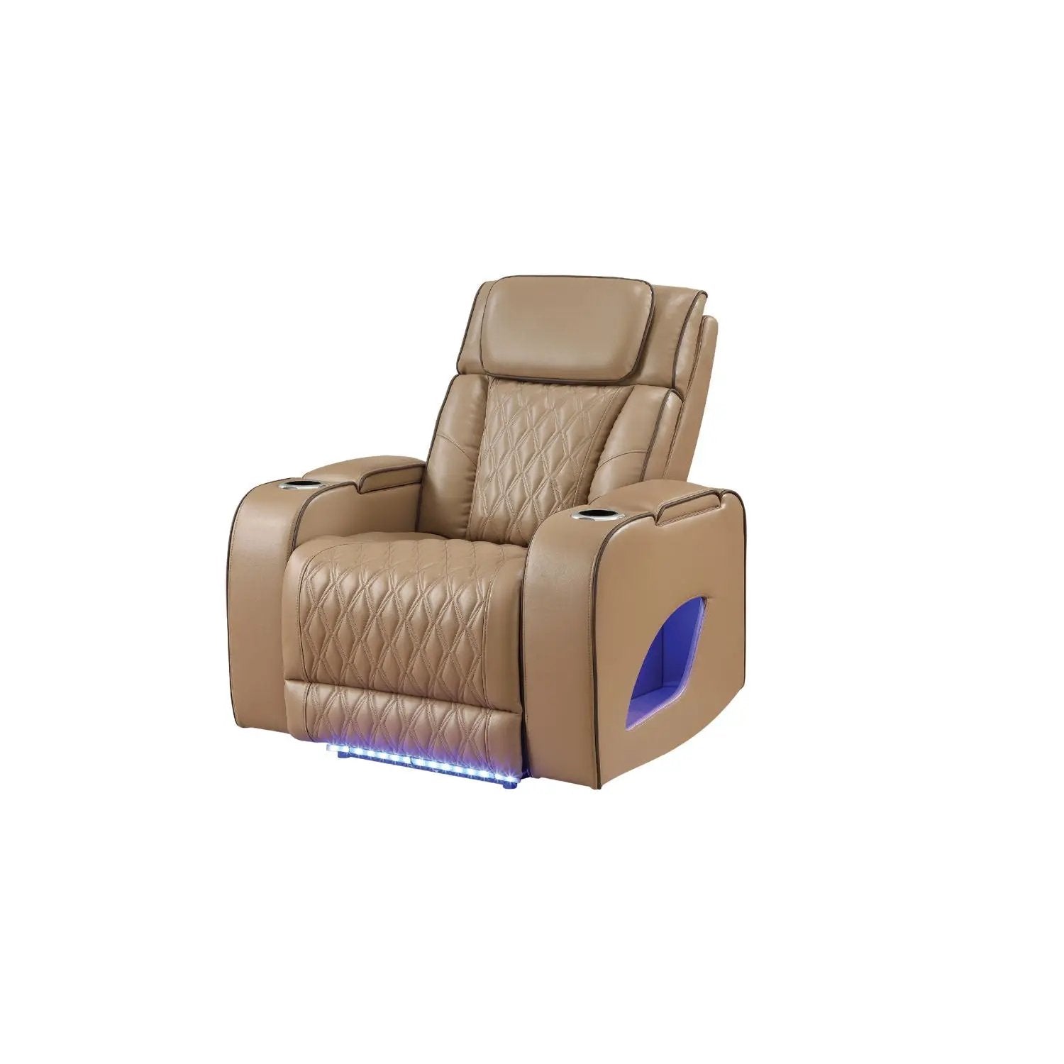 Fortuner Power Reclining Chair tan leather with diamond stitching, cup holders, blue LED on Tampa Home & Garden Store