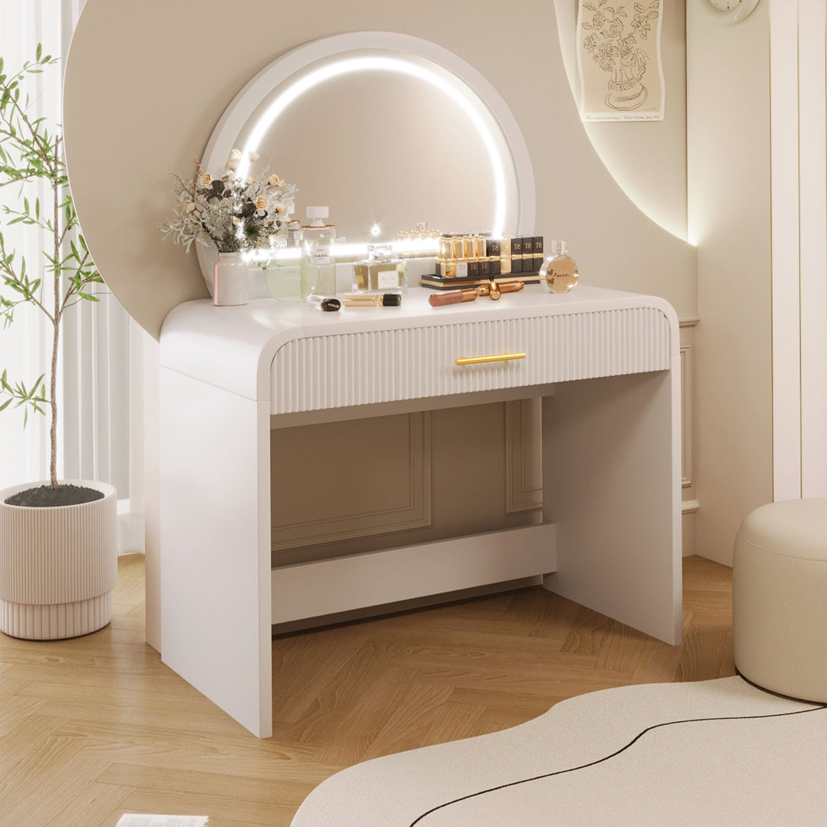 Makeup vanity table with lighted round mirror, white finish, drawer storage, HouseOfZazla on Tampa Home & Garden Store