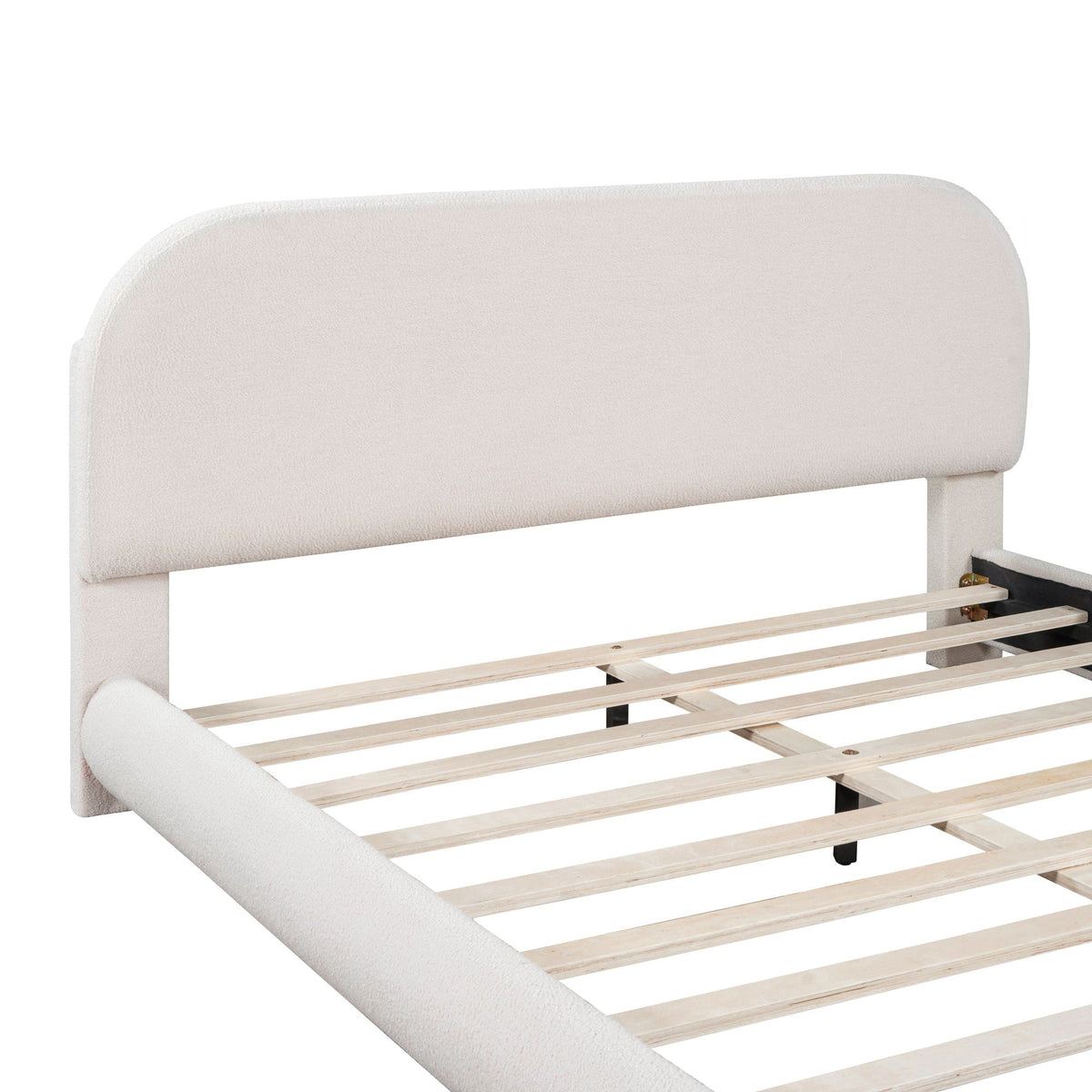 Upholstered platform bed by HouseOfZazla with curved beige headboard and exposed wood slats on Tampa Home & Garden Store