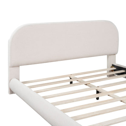 Upholstered platform bed by HouseOfZazla with curved beige headboard and exposed wood slats on Tampa Home & Garden Store