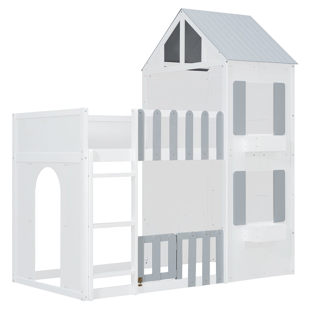 Twin Over Twin House Bunk Bed by HouseOfZazla white frame with gray accents on Tampa Home & Garden Store