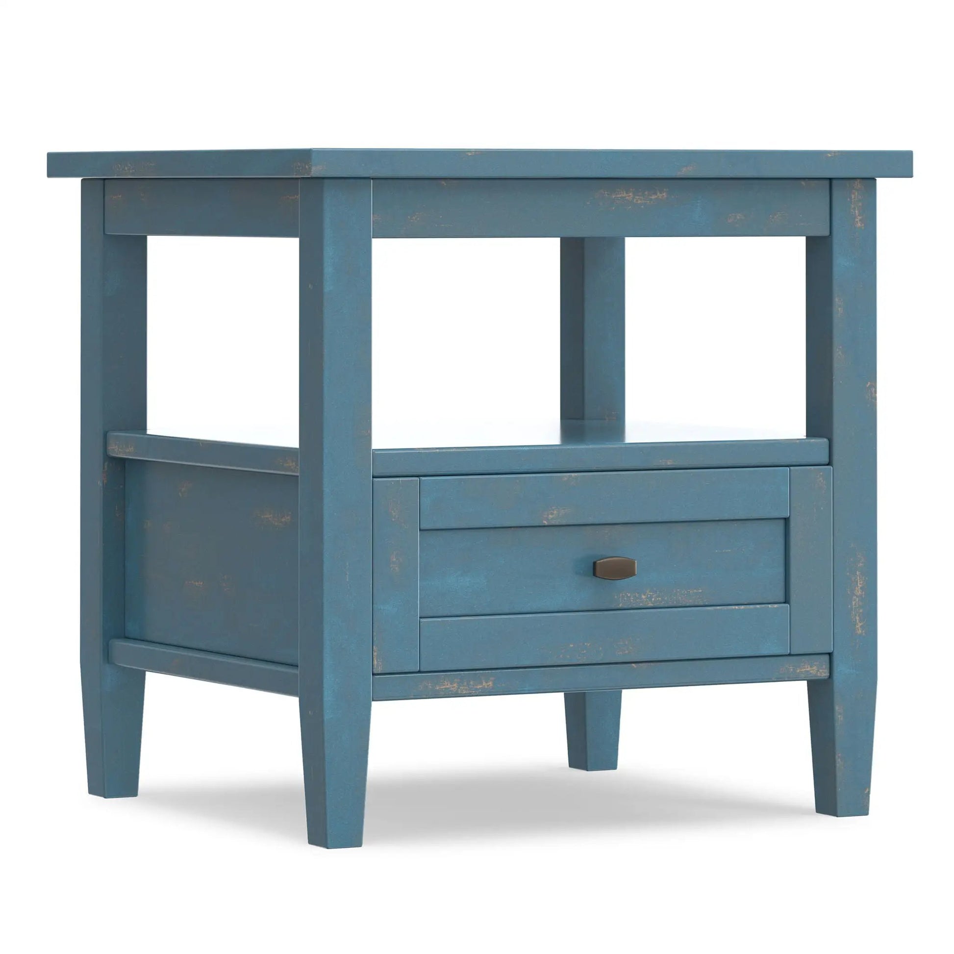 Blue distressed shaker-style coffee table with two front drawers and lower shelf on Tampa Home & Garden Store