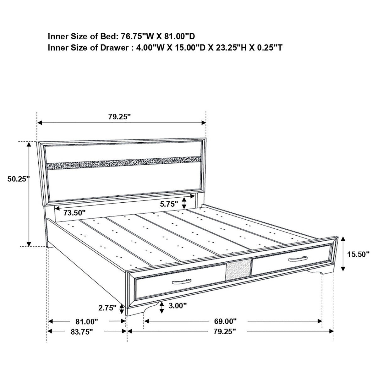 Corbin Glittering Bedroom Set, 4-Piece by HouseOfZazla, schematic bed frame with dimensions on Tampa Home & Garden Store