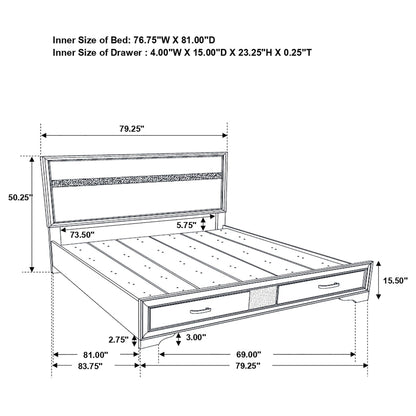 Corbin Glittering Bedroom Set, 4-Piece by HouseOfZazla, schematic bed frame with dimensions on Tampa Home & Garden Store