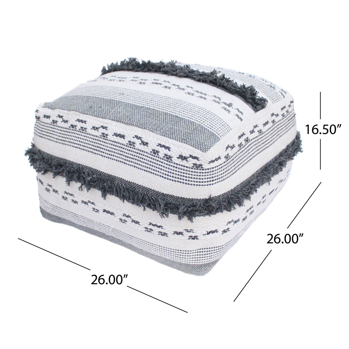 Large ivory gray faux yarn pouf with polystyrene bead fill and fringe on Tampa Home & Garden Store