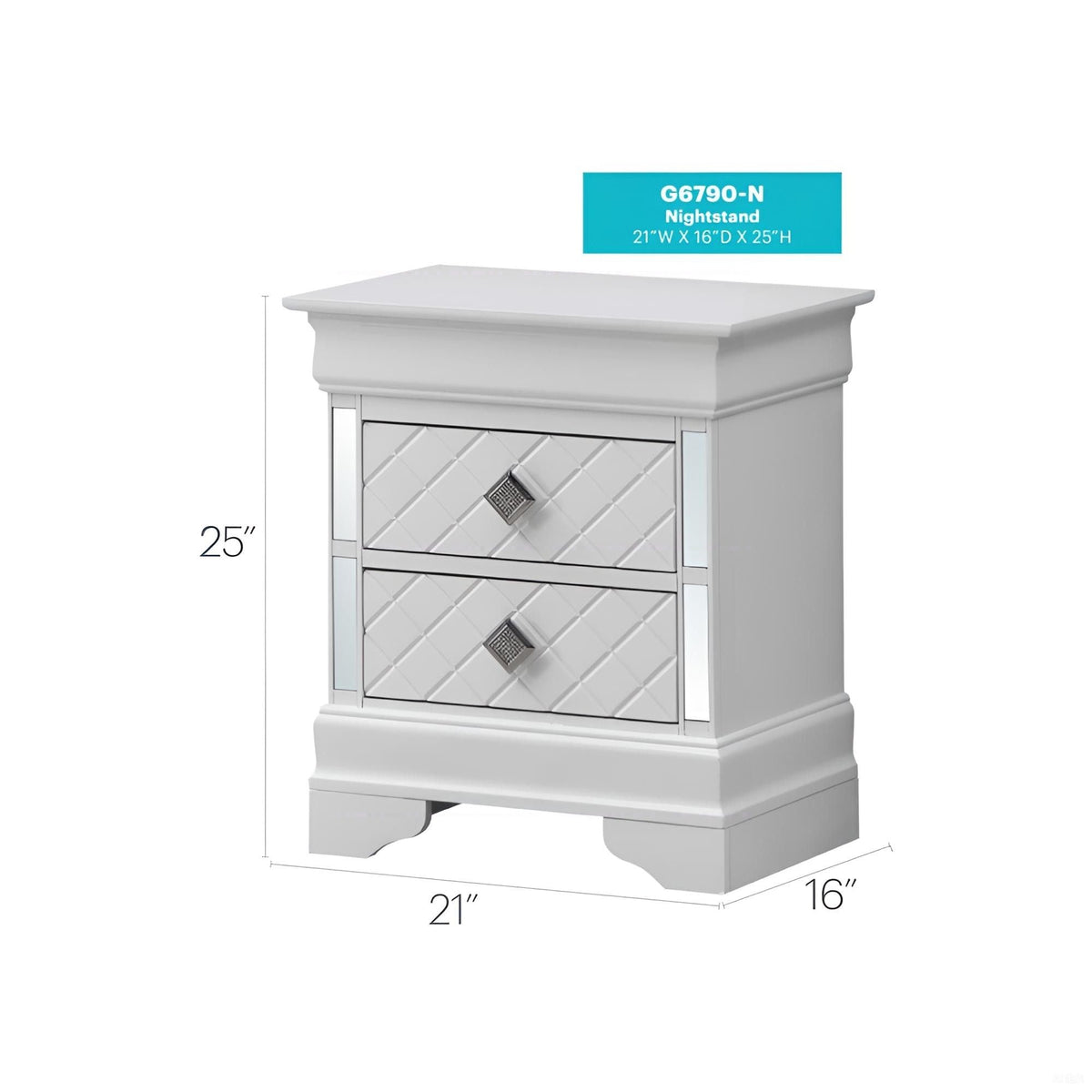 Accent Nightstand Two Drawers silver champagne by HouseOfZazla, mirrored fronts, 21Wx16Dx25H on Tampa Home & Garden Store