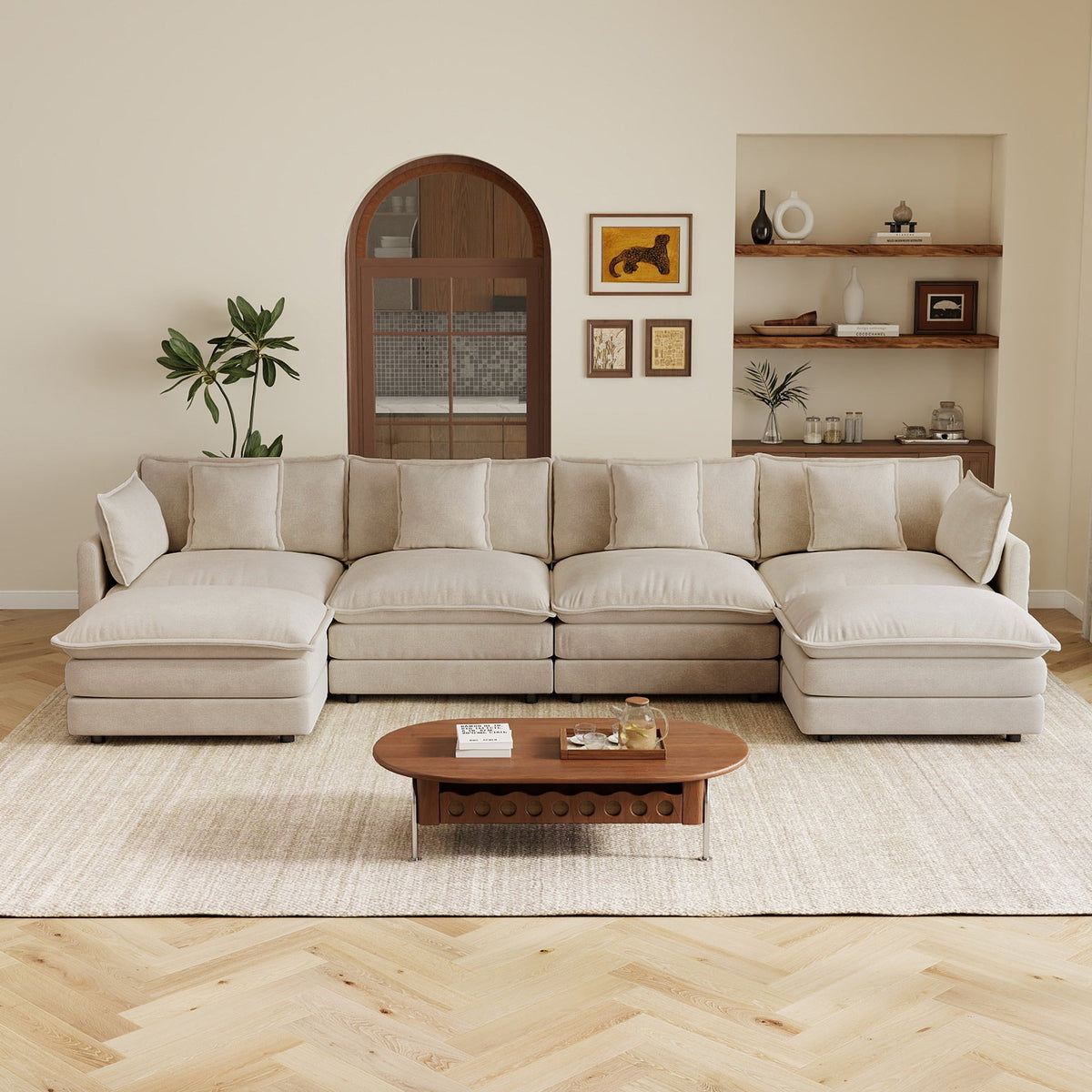 Oversized U Shaped Sofa and Two Chenille Ottomans